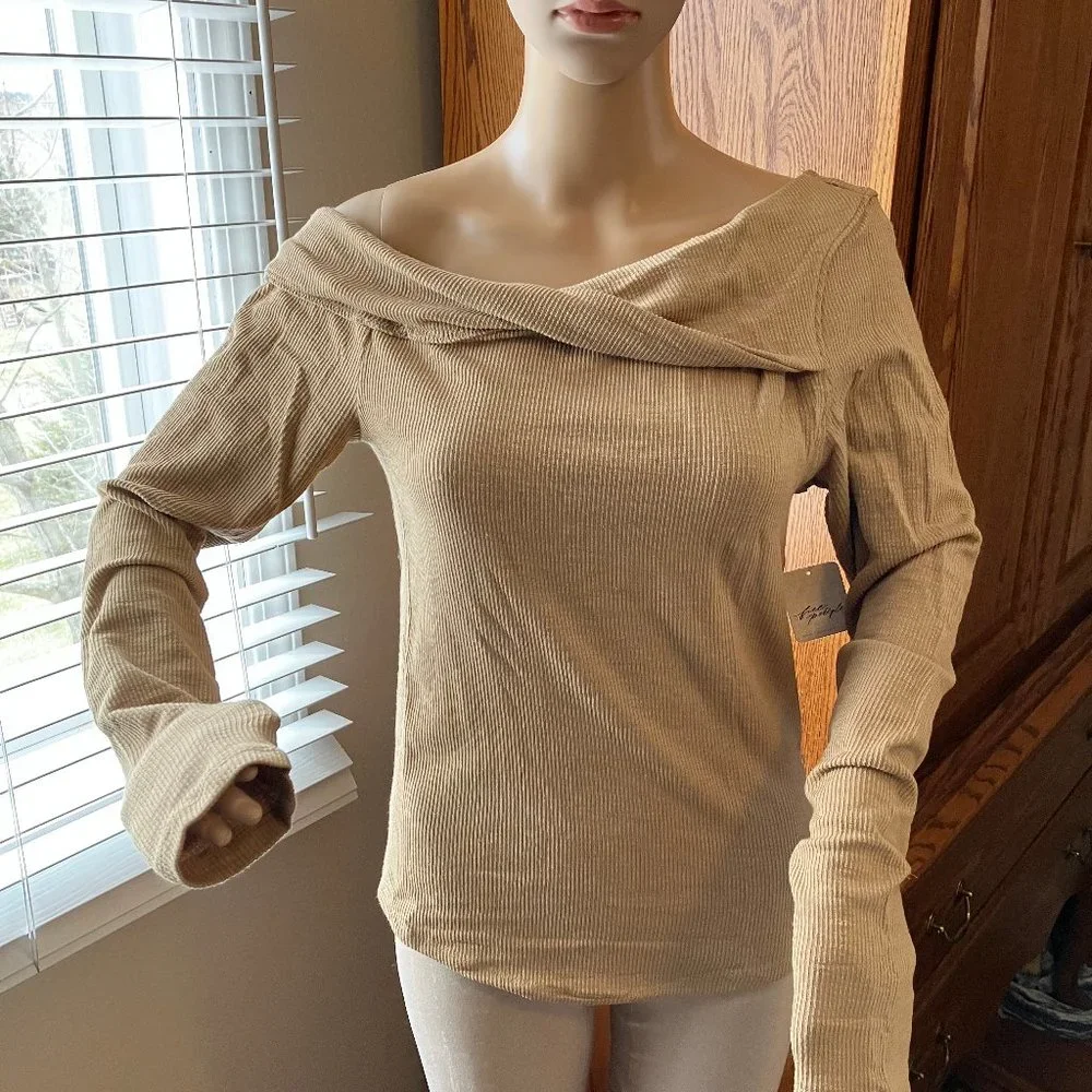 Free People Addie Top - Long Sleeve Off-Shoulder Ribbed Top in Tan